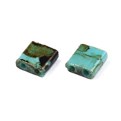 Medium Turquoise 2-Hole Opaque Glass Seed Beads, Antique Style, Rectangle, Medium Turquoise, 5x4.5~5.5x2~2.5mm, Hole: 0.5~0.8mm