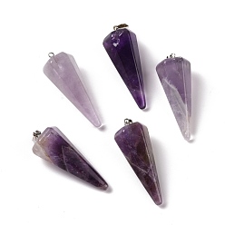 Amethyst Natural Amethyst Pendants, with Platinum Plated Brass Findings, Faceted, Cone, 35~36x13~14x12~12.5mm, Hole: 2.7x6.5mm