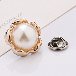 White Plastic Brooch, Alloy Pin, with Plastic Bead, for Garment Accessories, Flower, White, 18mm
