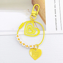 Yellow Cube & Heart Acrylic Pendant Keychain, with Polyester Cord and Spray Painted Alloy Findings, Yellow, 11cm