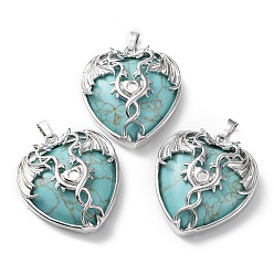 Turquoise Synthetic Turquoise Heart Pendant Rhinestone Settings, Rack Plating Platinum Plated Brass Wings Charms, Long-Lasting Plated, Fit for 3mm Rhinestone, 37x33x10~11.5mm, Hole: 8x5mm