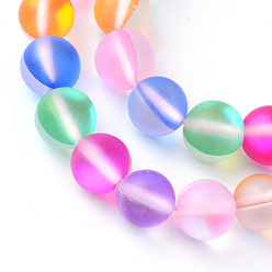 Coloré Brins synthétiques de perles de lune, perles holographiques, teint, givré, ronde, colorées, 10mm, Trou: 1mm, Environ 36~39 pcs/chapelet, 14~15 pouce