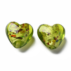 Vert Perles de verre en feuille d'argent au chalumeau faites à la main, cœur, verte, 15~16x15.5x9~10mm, Trou: 1.2mm