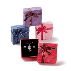 Mixed Color Square Cardboard Jewelry Set Boxes, with Bowknots and Sponges Inside, Mixed Color, 7.5x7.5x3.5cm, Inner Diameter: 69x69mm