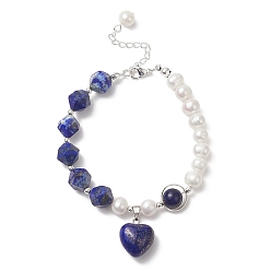 Lapis Lazuli Natural Lapis Lazuli Heart Charm Bracelet with Natural Pearl Beaded Chains for Women, 7-5/8 inch(19.4~19.5cm)
