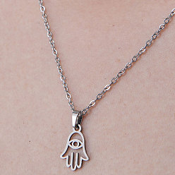 Stainless Steel Color 201 Stainless Steel Hamsa Hand with Evil Eye Pendant Necklace, Stainless Steel Color, 17.72 inch(45cm)