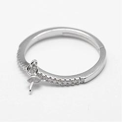 Platinum Rhodium Plated 925 Sterling Silver Finger Ring Components, with Cubic Zirconia, For Half Drilled Beads, Platinum, Size 6, 16.5mm, Tray: 2mm, Pin: 0.6mm