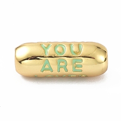 Turquoise Eco-Friendly Brass Enamel Beads, Long-Lasting Plated, Real 18K Gold Plated, Oval with Word You Are, Turquoise, 17.5x7mm, Hole: 3mm