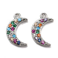 Platinum Brass Cubic Zirconia Charms, with Enamel, Moon, Colorful, Platinum, 13.5x8x2mm, Hole: 1mm
