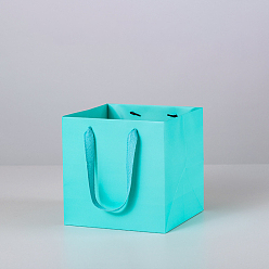 Cyan Solid Color Kraft Paper Gift Bags with Ribbon Handles, for Birthday Wedding Christmas Party Shopping Bags, Square, Cyan, 25x25x25cm