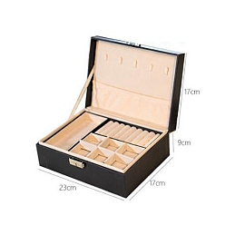 Черный 2-ярусные прямоугольные коробки-органайзеры для ювелирных изделий из искусственной кожи, портативный дорожный футляр для драгоценностей, для сережек, , Кольца, чёрные, 23x17x9 см