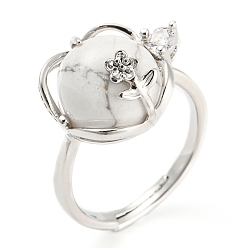 Говлит Регулируемое кольцо из натурального говлита с круглыми цветами, платиновое латунное кольцо с хрустальными стразами, внутренний диаметр: 18 мм