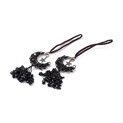 Black Agate Natural Black Agate Moon with Chips Tassel Pendant Decorations, with Rack Plating Red Copper Plated Brass Findings, Cadmium Free & Lead Free, 205~208mm