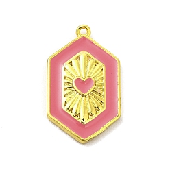 Flamingo Brass Enamel Pendants, Cadmium Free & Lead Fre, Hexagon with Heart Charm, Golden, Flamingo, 23x13.5x2.5mm, Hole: 1.2mm