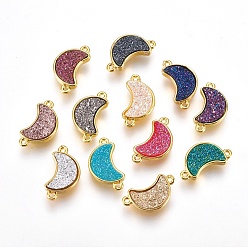 Mixed Color Brass Links connectors, with Druzy Resin, Moon, Golden, Mixed Color, 18.5~19x10~10.5x3.5~4mm, Hole: 1mm