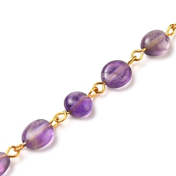 Amethyst Handmade Natural Amethyst Beaded Chains, with Golden Tone Iron Eye Pin, Nuggets, 5~10x5~8x3.5~7mm, about 39.37 inch(1m)/strand