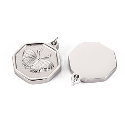 Stainless Steel Color 316 Surgical Stainless Steel Pendants, with Jump Rings, Hexagon with Butterfly, Stainless Steel Color, 18x15x2.5mm, Jump Ring: 3.8x0.5mm, 2.8mm inner diameter