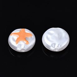 Marrón arenoso 3 d cuentas de perlas de imitación de plástico abs impresas, plano y redondo con estrellas de mar, arena marrón, 12x5 mm, agujero: 1.5 mm