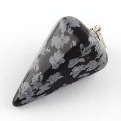 Snowflake Obsidian Natural Snowflake Obsidian Stone Pendants with Platinum Plated Iron Findings, Cone Pendulum, 25~27x14x14mm, Hole: 6x3mm