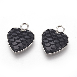Black 304 Stainless Steel Pendants, with Resin, Heart with Fish Scale Shape, Stainless Steel Color, Black, 16x13x3.5mm, Hole: 2mm