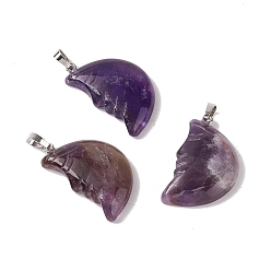 Amethyst Natural Amethyst Pendants, Moon Charm, with Platinum Tone Brass Findings, 37~38.5x22~23x7~8mm, Hole: 7.7x5mm