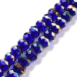 Bleu Transparentes perles de verre de galvanoplastie brins, facette, rondelle, demi arc-en-ciel plaqué, bleu, 7.5~8x6.5~7mm, Trou: 1.4mm, Environ 65 pcs/chapelet, 16.77 pouce (42.6 cm)