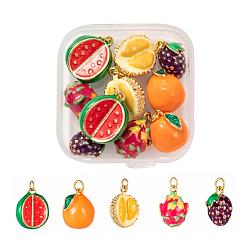 Mixed Color 10Pcs 5 Style Fruit Theme Brass Enamel Pendants, Real 18K Gold Plated, Durian & Orange & Watermelon & Pitaya & Mulberries, Mixed Color, 12.5~17x9~13.5x8~11mm, Hole: 2.8mm, 2Pcs/Style