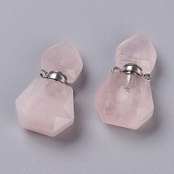 Rose Quartz Hexagon Natural Rose Quartz Perfume Bottle Pendants, with 304 Stainless Steel Findings, Faceted, Stainless Steel Color, 27~27.5x16~17x8mm, Hole: 1.4mm, Capacity: 0.1ml(0.00fl. oz)