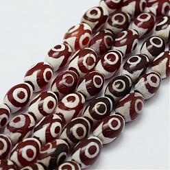 Dark Red Tibetan Style 3-Eye dZi Beads Strands, Natural Agate Beads, Dyed & Heated, Barrel, Dark Red, 9.5~10x13.5~14mm, Hole: 2mm, about 27pcs/strand, 14.9 inch(380mm)