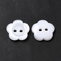 White Resin Buttons, Dyed, Flower, White, 12x2.5mm, Hole: 1mm