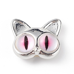 Silver Spray Painted Alloy Beads, with Glass Eye, Cat Head, Silver, 14x16.5x7mm, Hole: 1.5mm
