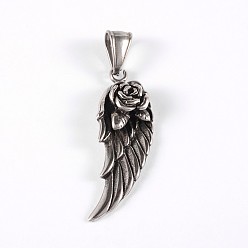 Antique Silver 316 Surgical Stainless Steel Pendants, Wing with Rose, Antique Silver, 38x14x7mm, Hole: 8x4mm
