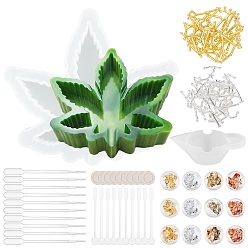 Mixed Color DIY Pot Leaf Ashtray Silicone Molds Kits, Stirring Rod, Disposable Latex Finger Cots, Transfer Pipettes, Silicone Stirring Bowl, Zinc Alloy Cabochons, Nail Art Tinfoil, Mixed Color, 15.7x17.5x3.5cm, Inner Diameter: 15.2x17cm, 1pc