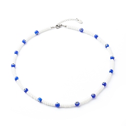 Blue Glass Beaded Necklace, with Evil Eye Lampwork Beads, Brass Beads, Blue, 18.31 inch(465mm)