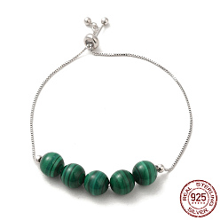 Real Platinum Plated Rhodium Plated 925 Sterling Silver Slider Bracelets, with Synthetic Malachite Round Beaded, with S925 Stamp, Real Platinum Plated, 8-5/8 inch(22cm)