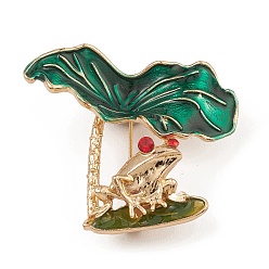 Golden Frog & Lotus Leaf Enamel Pin, Alloy Rhinestone Brooch, Golden, 35.6x37.3x14mm