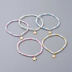 Mixed Color Glass Seed Beaded Kids Stretch Bracelets, with Star Brass Charms, Mixed Color, 2 inch(5cm)