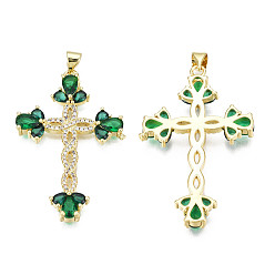 Green Brass Micro Pave Cubic Zirconia Pendants, with Brass Snap on Bails, Real 18K Gold Plated, Nickel Free, Cross, Green, 42x27.5x5mm, Hole: 3x5mm