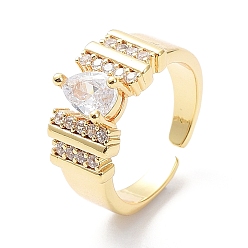 Clear Cubic Zirconia Teardrop Open Cuff Ring, Real 18K Gold Plated Brass Jewelry for Women, Clear, Inner Diameter: 16.8mm