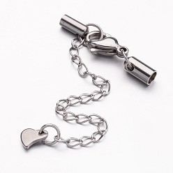 Stainless Steel Color 304 Stainless Steel Chain Extender, with Cord Ends and Lobster Claw Clasps, Heart Charm, Stainless Steel Color, 30mm, Hole: 3mm