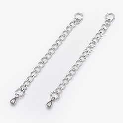 Stainless Steel Color 304 Stainless Steel Chain Extender, Curb Chains, with Teardrop Charms, Stainless Steel Color, 62x3mm, Hole: 3.5mm, Jump Rings: 4x0.8mm