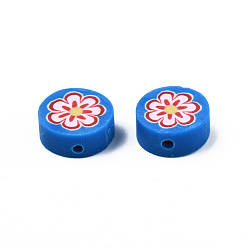 Dodger Blue Handmade Polymer Clay Beads, Flat Round with Flower, Dodger Blue, 9~10x4~4.5mm, Hole: 1.2~1.8mm