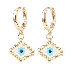 Light Sky Blue Japanese Seed Braided Rhombus with Evil Eye Dangle Hoop Earrings, Golden Brass Jewelry for Women, Light Sky Blue, 30mm, Pin: 1mm