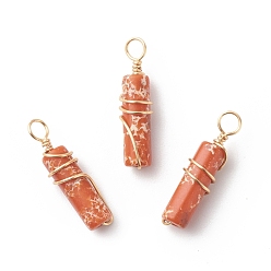 Imperial Jasper Natural Imperial Jasper Pendants, with Golden Tone Copper Wire Wrapped, Column Charm, Dyed, 18.5~20x5~5.5mm, Hole: 2.5mm