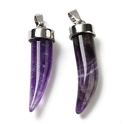 Amethyst Natural Amethyst Pendants, Horn Charms, with Rack Plating Platinum Plated Brass Snap on Bails, 34~36x10mm, Hole: 8x5mm