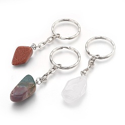 Mixed Stone Natural Gemstone Keychain, with Iron Findings, Nuggets, Platinum, 75~79mm, Ring: 25x2.5mm, Pendant: 24~29x11~16x9~11mm