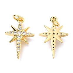 Real 18K Gold Plated Brass Micro Pave Clear Cubic Zirconia Pendants, with Jump Rings, Star, Real 18K Gold Plated, 18.8x12x2.9mm, Hole: 2.4mm