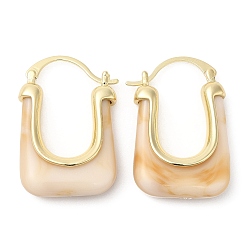 Beige Real 16K Gold Plated Brass Hoop Earrings, Resin Imitation Gemstone Earrings for Women, Beige, 34x23x9mm