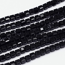 Black Faceted Cube Glass Bead Strands, Black, 2x2x2mm, Hole: 0.5mm, about 200pcs/strand, 15.7 inch