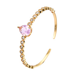 Perlas de Color Rosa Brazalete abierto en forma de lágrima de vidrio con circonita cúbica transparente para mujer, joyas de latón chapado en oro real 18k, sin níquel, rosa perla, diámetro interior: 2-1/8 pulgada (5.5 cm)
